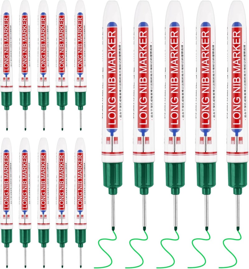 Mkobon 15 Pcs Long Head Deep Hole Marker, 20 mm Long Nose Nib Deep Reach Metal Marking Pen, Quick-drying Waterproof Permanent Pens For Carpenter, Woodworking, Construction (Green) - Image 1